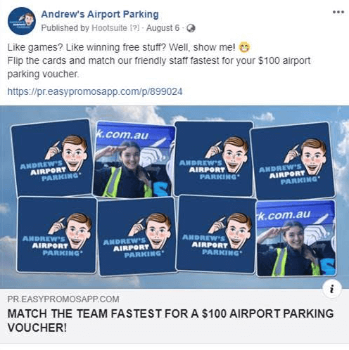 Andrew's Airport Parking social media campaign promoting the branded memory game on facebook