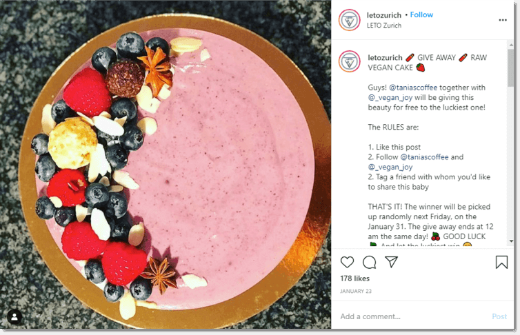 Screenshot of an Instagram giveaway by Leto, a cafe in Zurich. The main image shows a pink smoothie in a bowl, decorated with berries and nuts. The caption asks users to like the post, follow the brand and tag a friend in the comments to enter the prize draw.