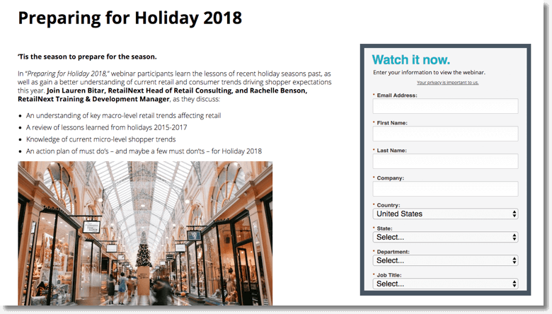 Sign up page for a webinar about retail marketing for the holidays, 2018. Users share their contact and employment details to join.