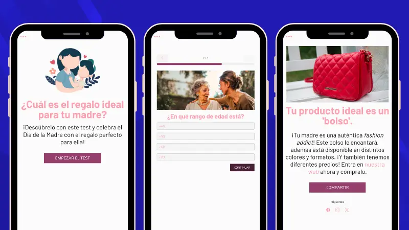 Ejemplo de quiz online tipo recomendador de productos del día de la madre